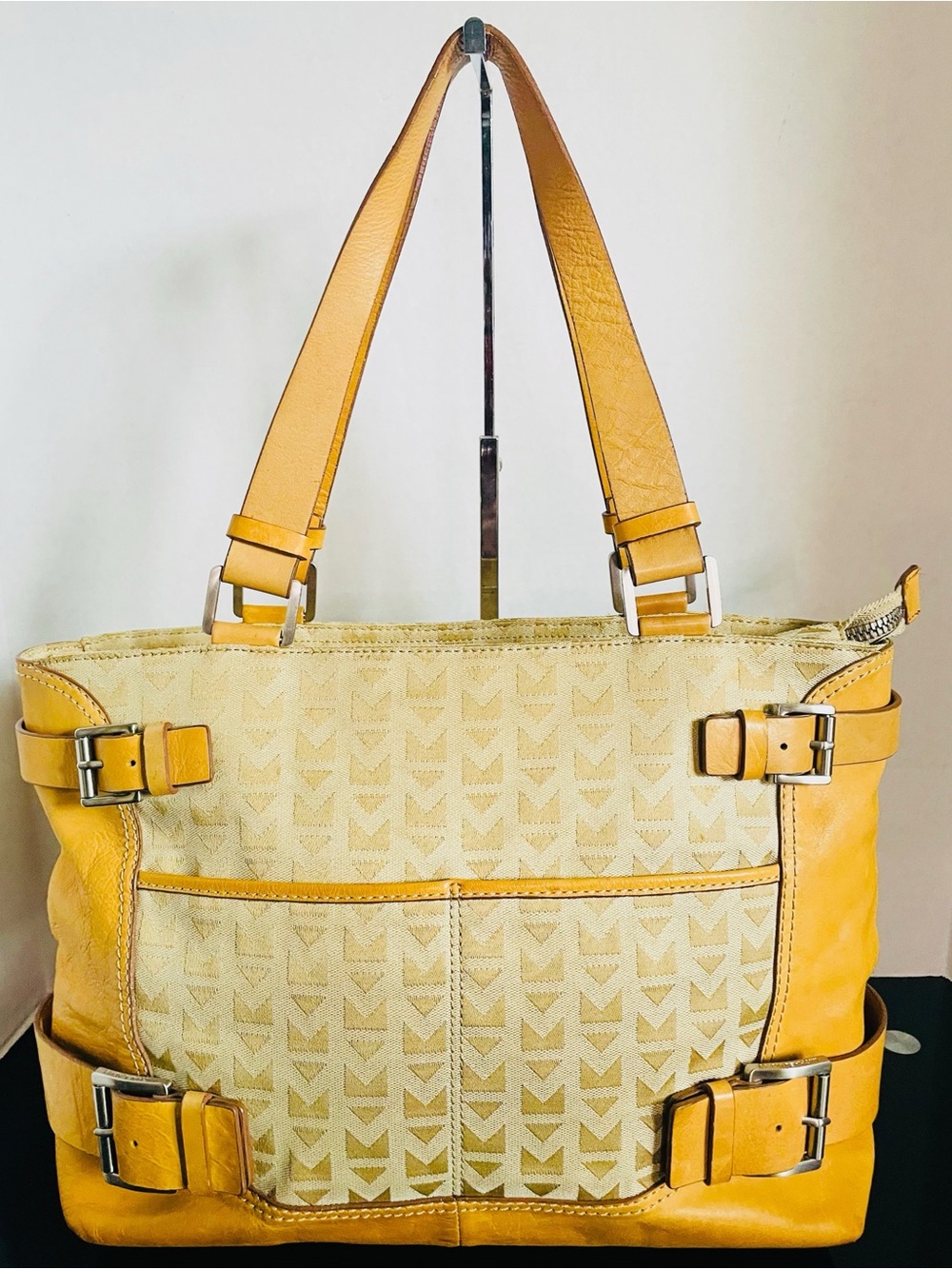 Michael Kors MK Canvas Leather Trimmed Saddle Tan Shoulder Bag Large
